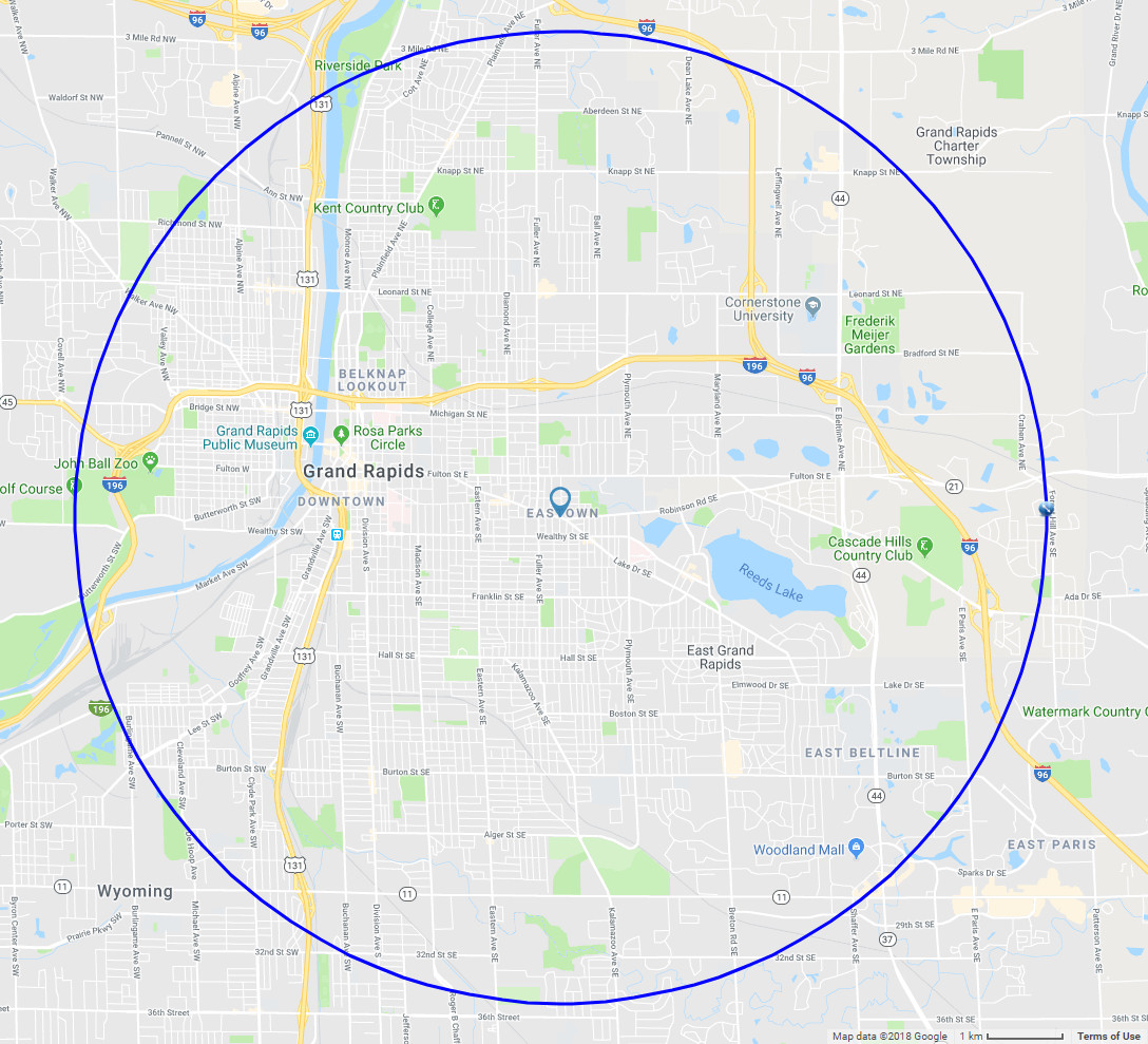 Map of our service area. 4 mile radius centered on Eastown.